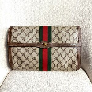 Gucci authentic clutch bag brown monogram coated canvas red green ribbons
